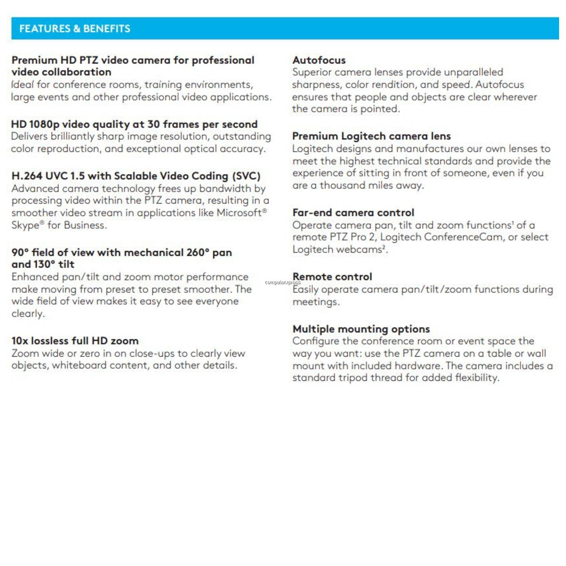 Logitech PTZ Pro 2 HD 1080p Video Conference Camera & Remote